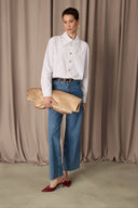 Pinstripe Poplin Shirt w/ Asymmetric Collar