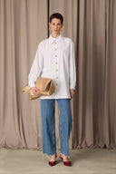 Pinstripe Poplin Shirt w/ Asymmetric Collar