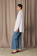Pinstripe Poplin Shirt w/ Asymmetric Collar