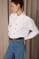 Pinstripe Poplin Shirt w/ Asymmetric Collar