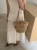 Raffia Crochet Floral Basket Shoulder Bag