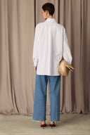 Pinstripe Poplin Shirt w/ Asymmetric Collar
